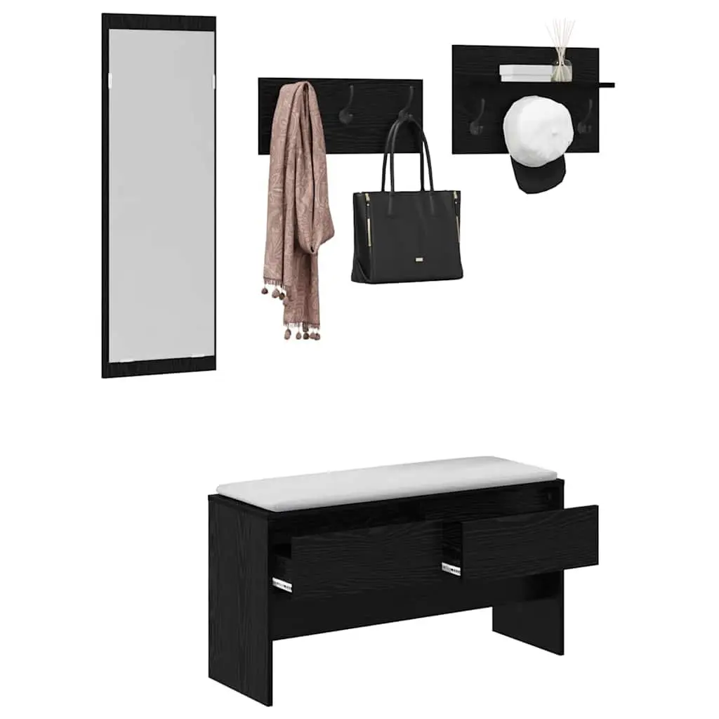 Hallway Furniture Set Storage Bench Mirror Coat Racks 4 Piece Black Oak Entryway