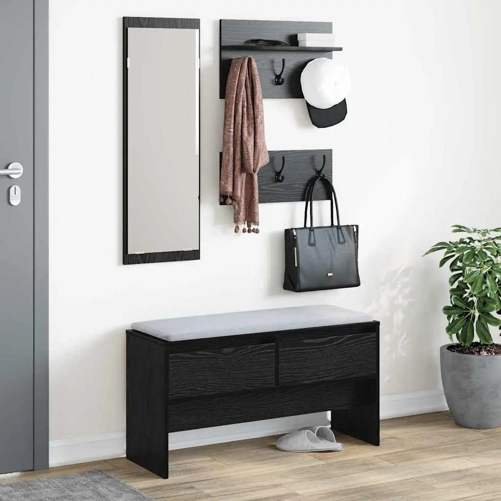 Hallway Furniture Set Storage Bench Mirror Coat Racks 4 Piece Black Oak Entryway