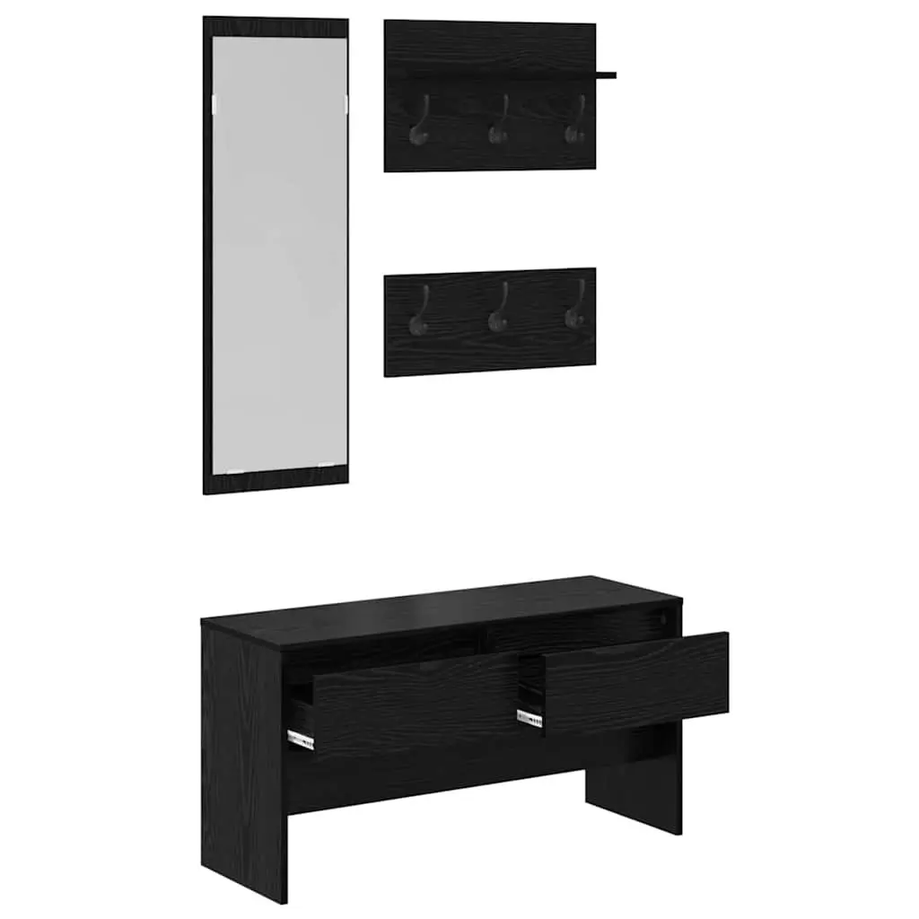 Hallway Furniture Set Storage Bench Mirror Coat Racks 4 Piece Black Oak Entryway