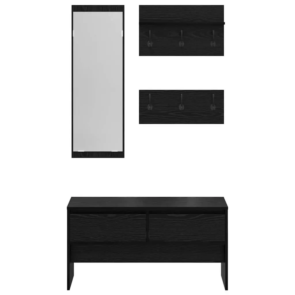 Hallway Furniture Set Storage Bench Mirror Coat Racks 4 Piece Black Oak Entryway