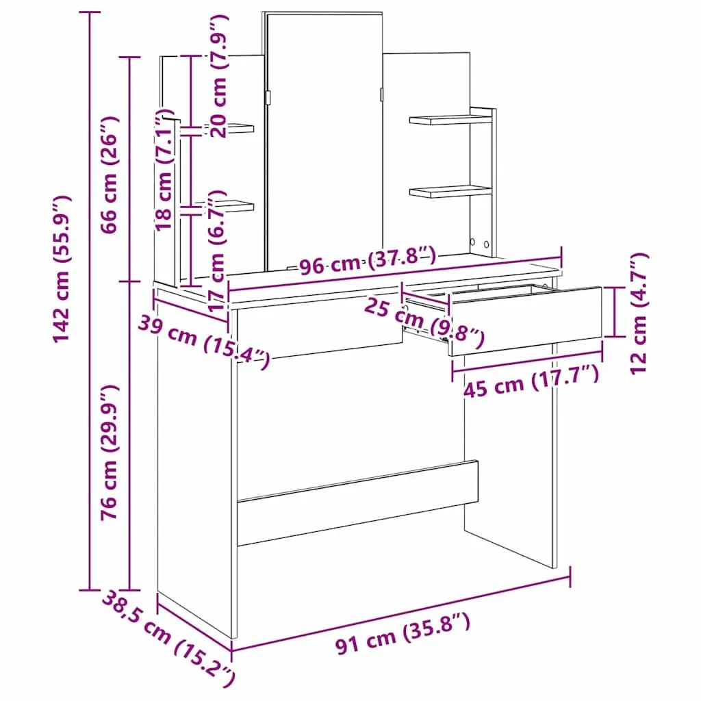 Black Dressing Table with Mirror Bedroom Vanity Unit Storage Drawers Shelves