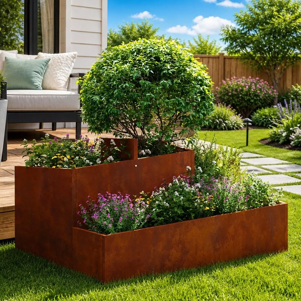 Metal Garden Planter Outdoor Raised Bed 80 x 80 x 50 cm Brown