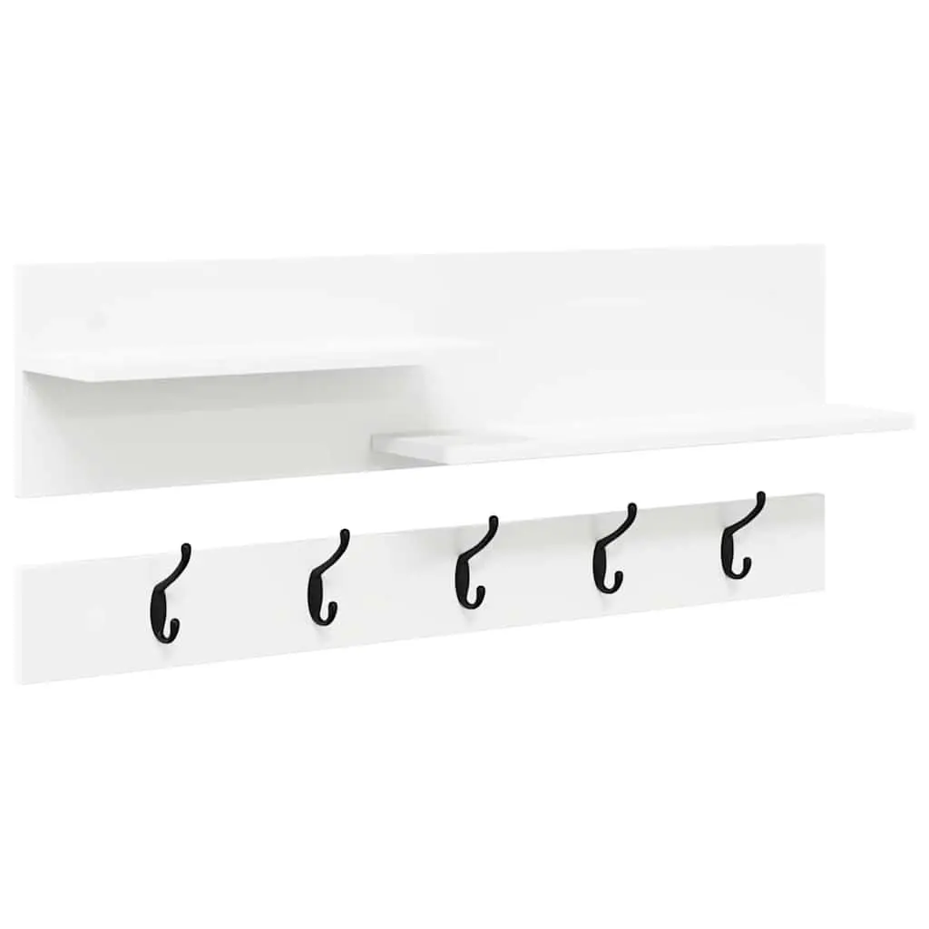 Wall-Mounted Coat Rack White Engineered Wood Hallway Entryway Hooks Shelves 90cm
