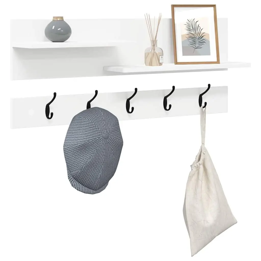 Wall-Mounted Coat Rack White Engineered Wood Hallway Entryway Hooks Shelves 90cm