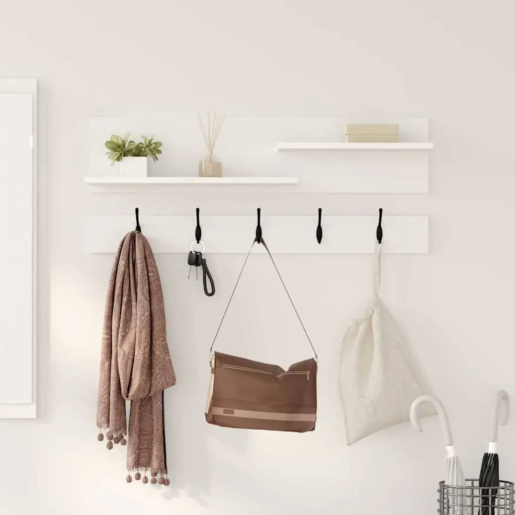 Wall-Mounted Coat Rack White Engineered Wood Hallway Entryway Hooks Shelves 90cm