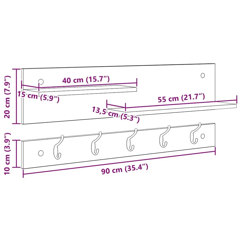 Wall-Mounted Coat Rack White Engineered Wood Hallway Entryway Hooks Shelves 90cm