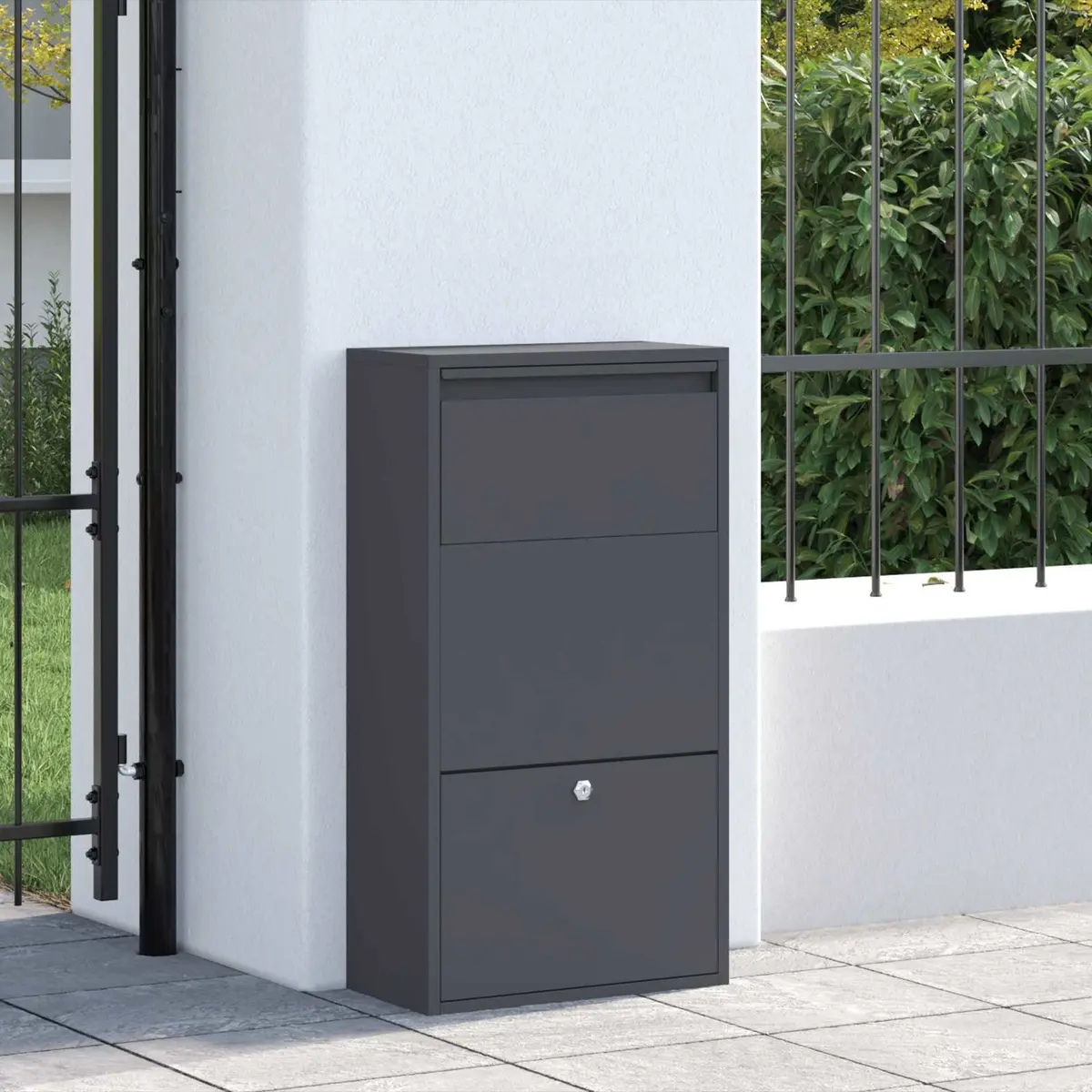 Parcel Drop Box Anthracite Steel Storage 44x22x82cm Modern Garden Mailbox Post