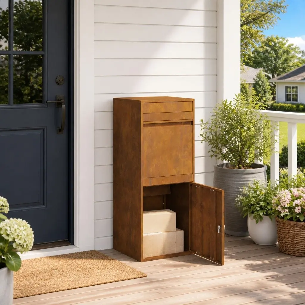 Outdoor Parcel Drop Box Secure Brown Weathering Steel 47.5 x 38 x 59 cm