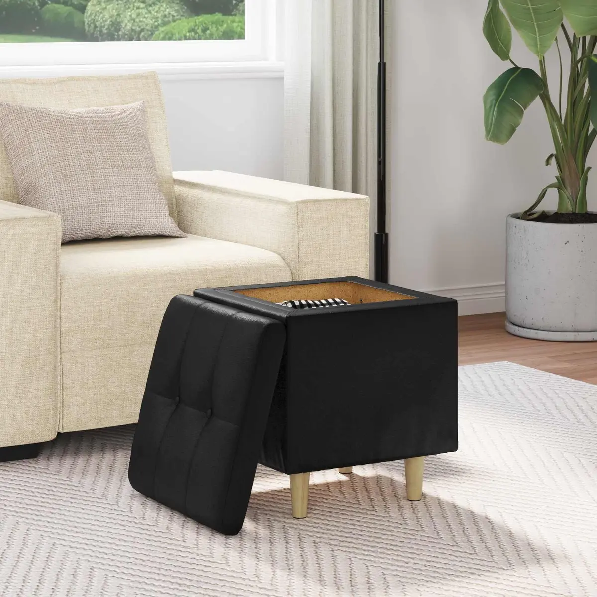 Black Ottoman with Cushion and Hidden Storage