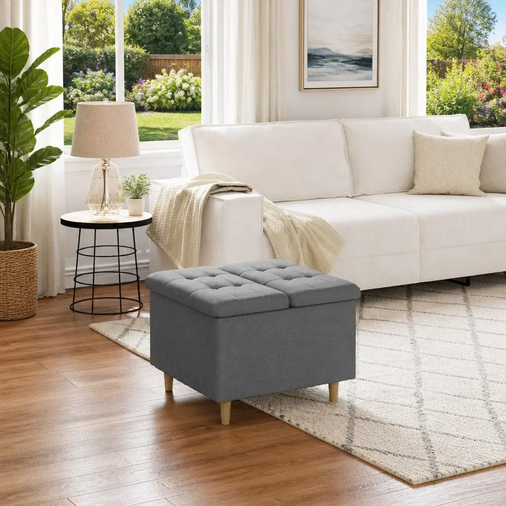 Storage Ottoman Indoor Seating Grey Tufted Cushion 60x60x45cm