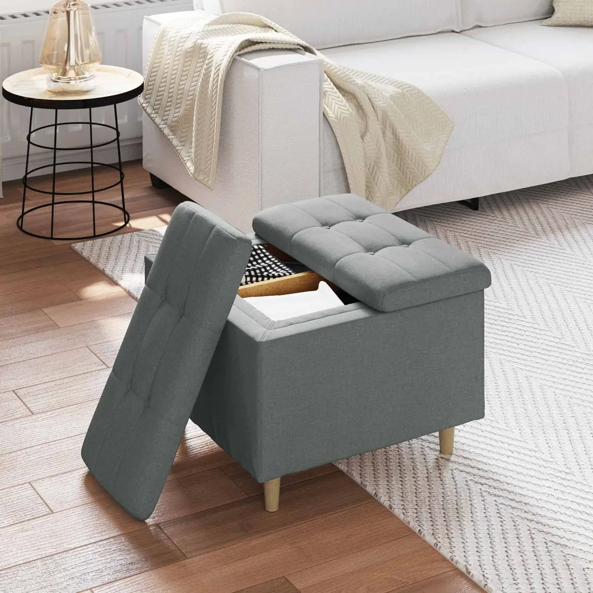Storage Ottoman Indoor Seating Grey Tufted Cushion 60x60x45cm