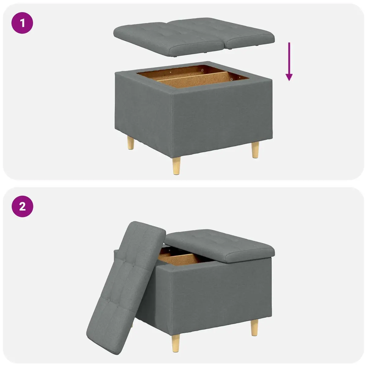 Storage Ottoman Indoor Seating Grey Tufted Cushion 60x60x45cm