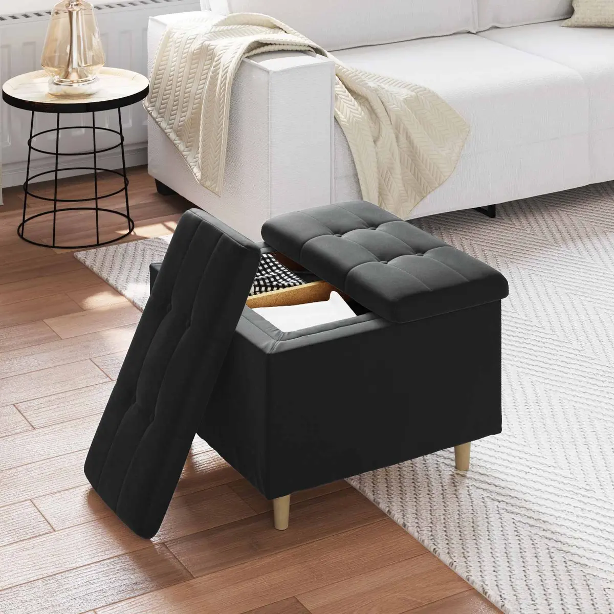 Storage Ottoman with Cushion Tufted Black Velvet Seat Furniture Hidden