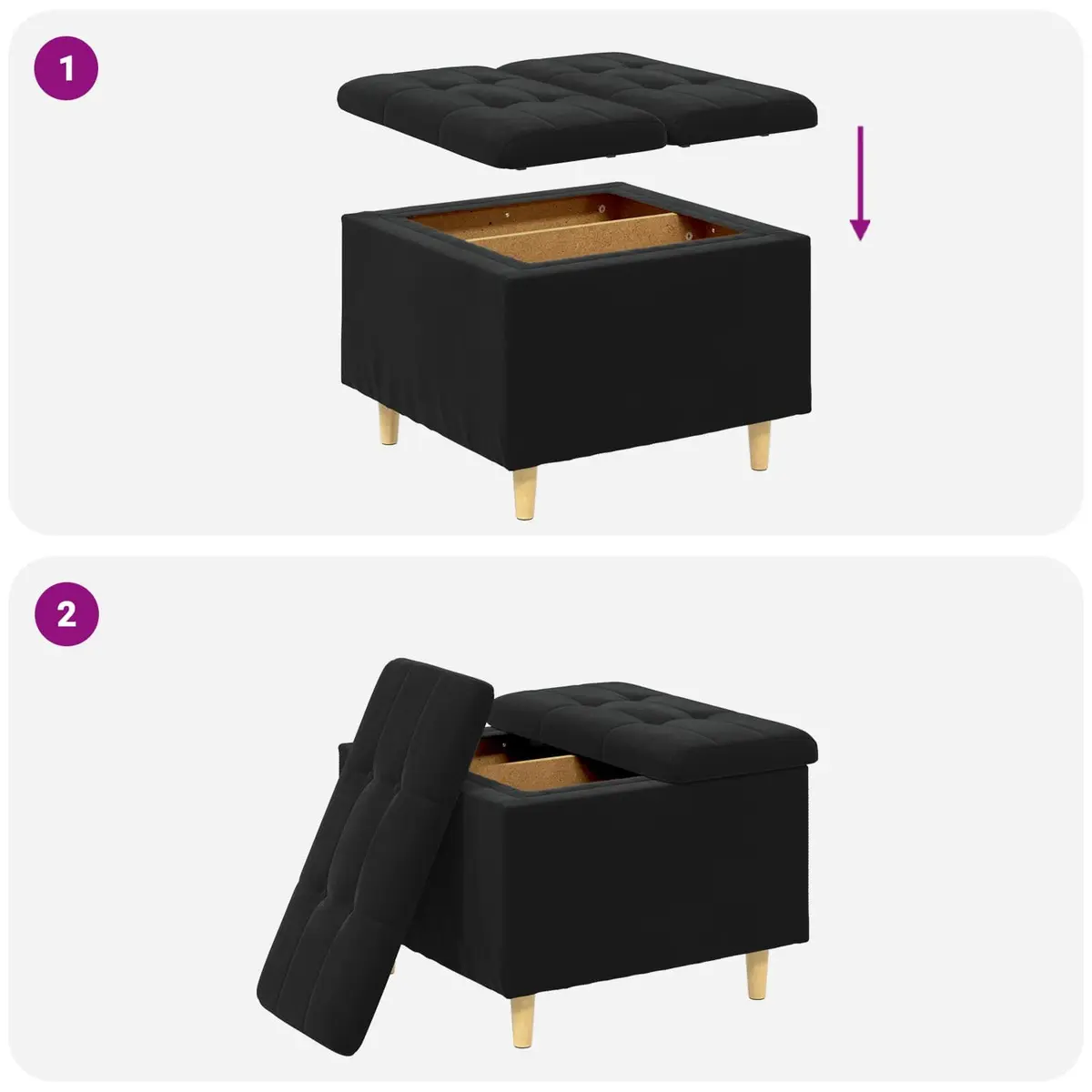 Storage Ottoman with Cushion Tufted Black Velvet Seat Furniture Hidden