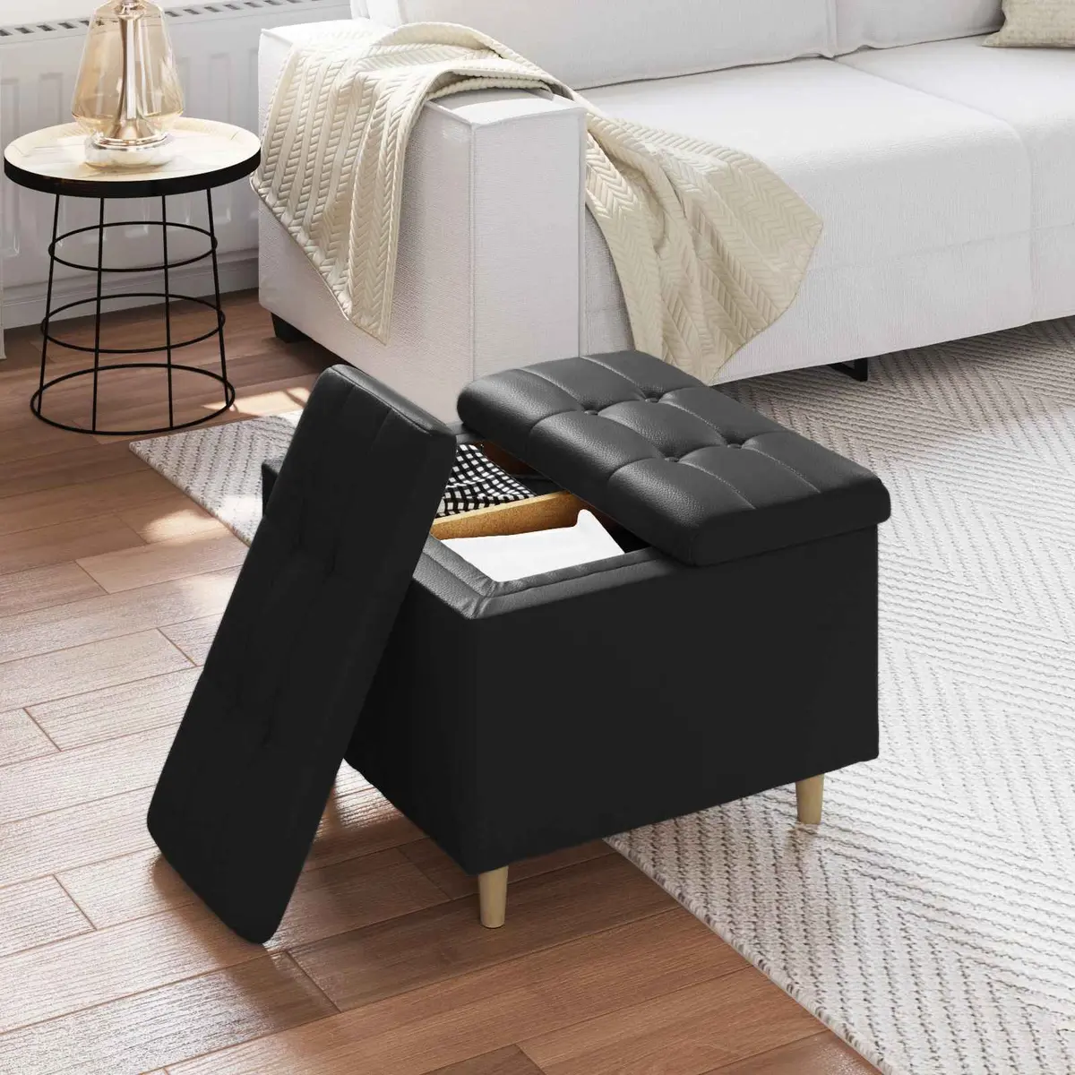 Storage Ottoman with Cushion Black Tufted Design Hidden Compartment Footrest