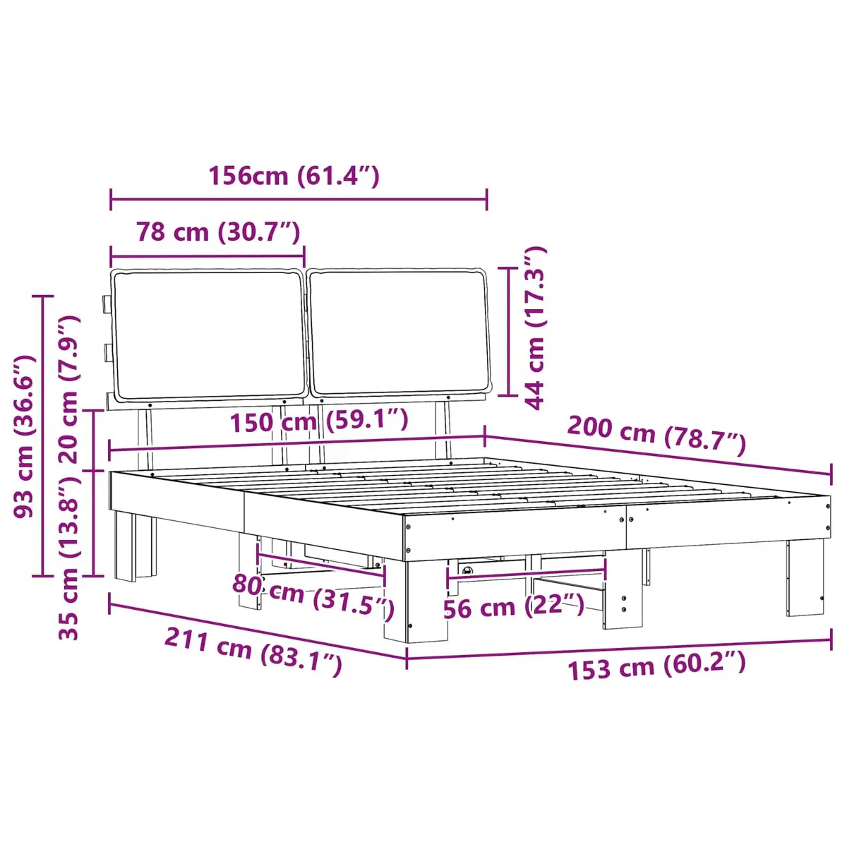Bed Frame Upholstered Headboard 150 x 200 cm Grey Modern Furniture