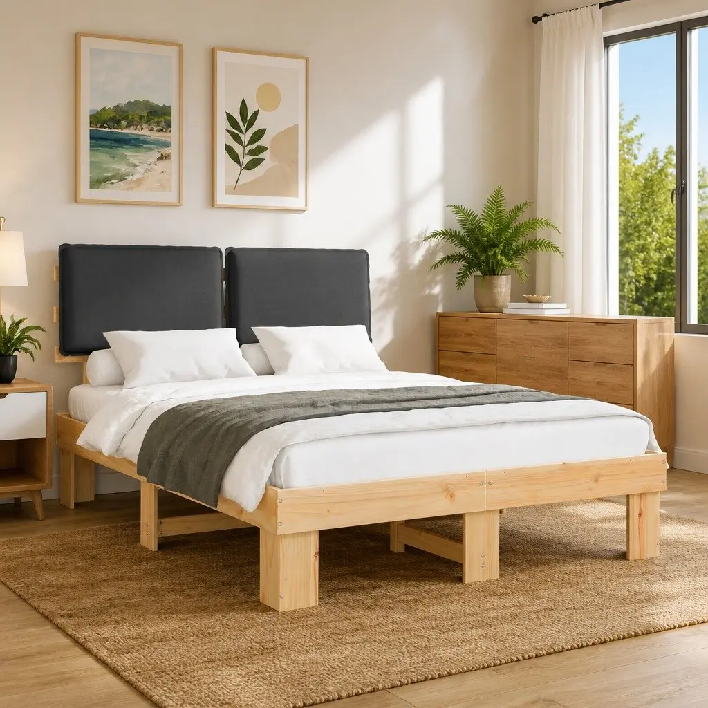 Grey Bed Frame with Upholstered Headboard