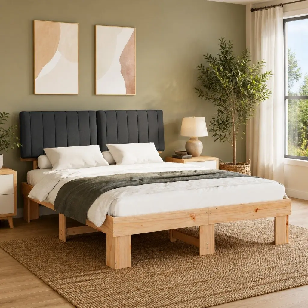 Bed Frame Upholstered Headboard 150 x 200 cm Grey Wooden Modern Bedroom