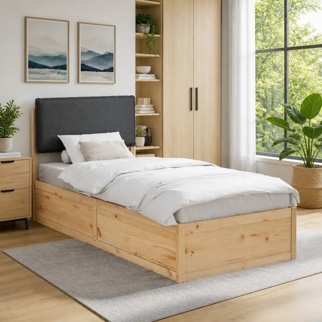 Bed Frame with Upholstered Headboard in Grey