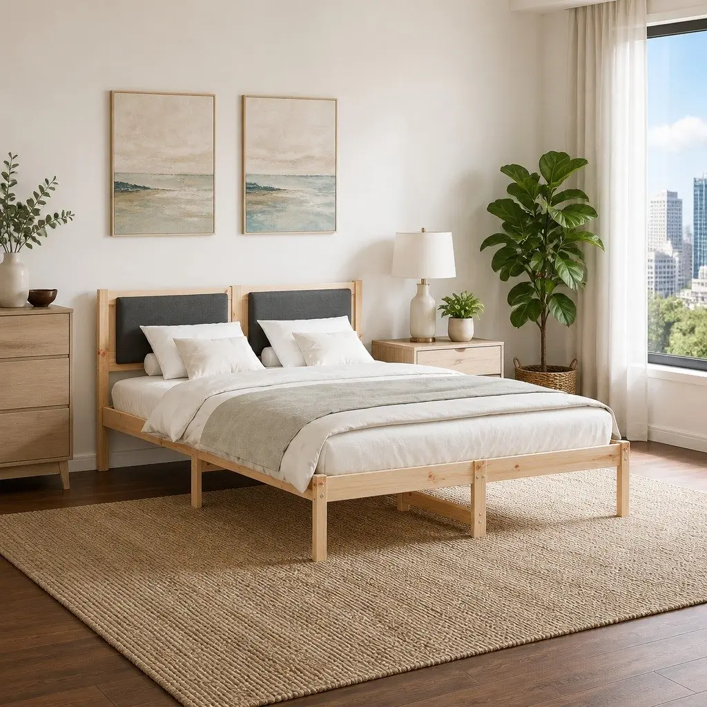 Bed Frame with Headboard Grey 135 x 190 cm Solid Pine Wood Modern Bedroom