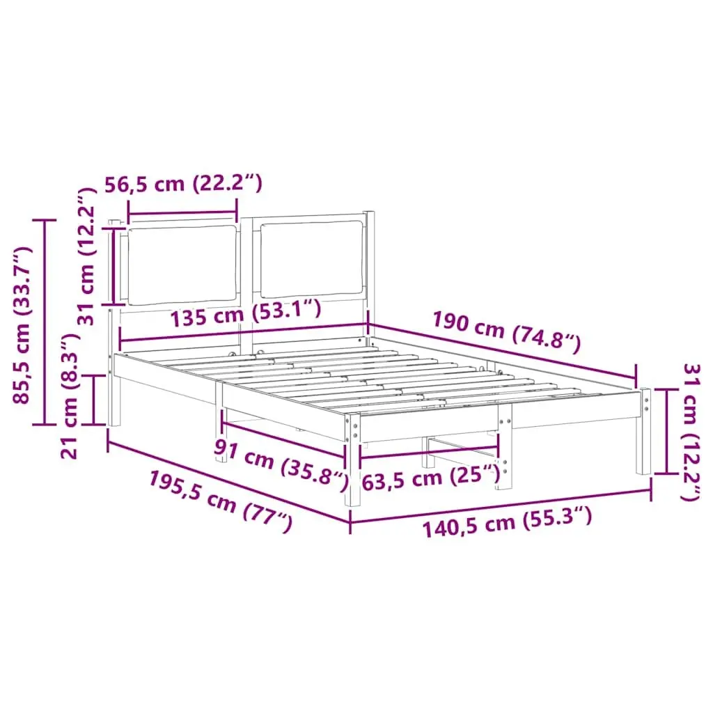 Bed Frame with Headboard Grey 135 x 190 cm Solid Pine Wood Modern Bedroom