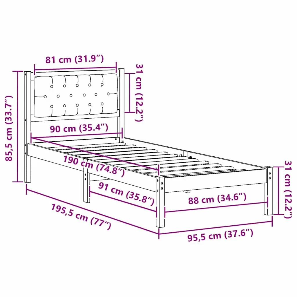 Bed Frame Solid Pine Wood Modern Minimalist 90 x 190 cm Brown