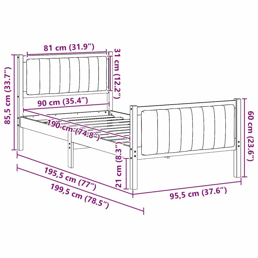 Bed Frame 90 x 190 cm Platform Solid Pine Wood Bedroom Furniture Modern Design
