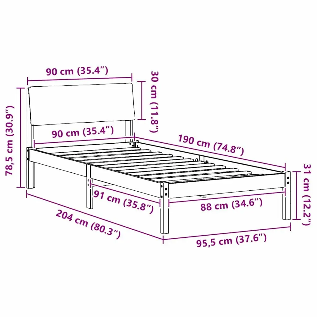 Solid Pine Wood Bed Frame Modern Platform 90x190cm Brown Bedroom Furniture