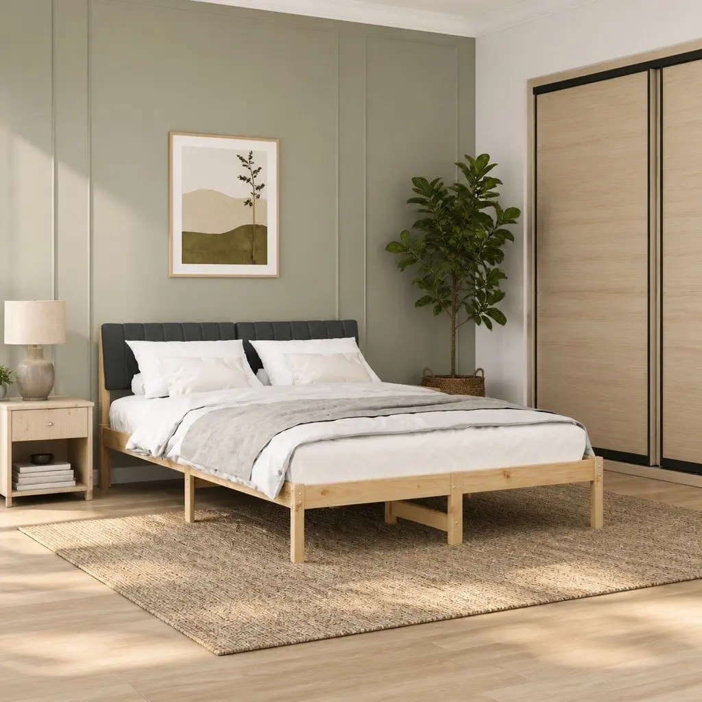 Bed Frame Modern Minimalist 135 x 190 cm Solid Pine Wood Wall-Mounted Headboard Slatted Brown Dark Grey
