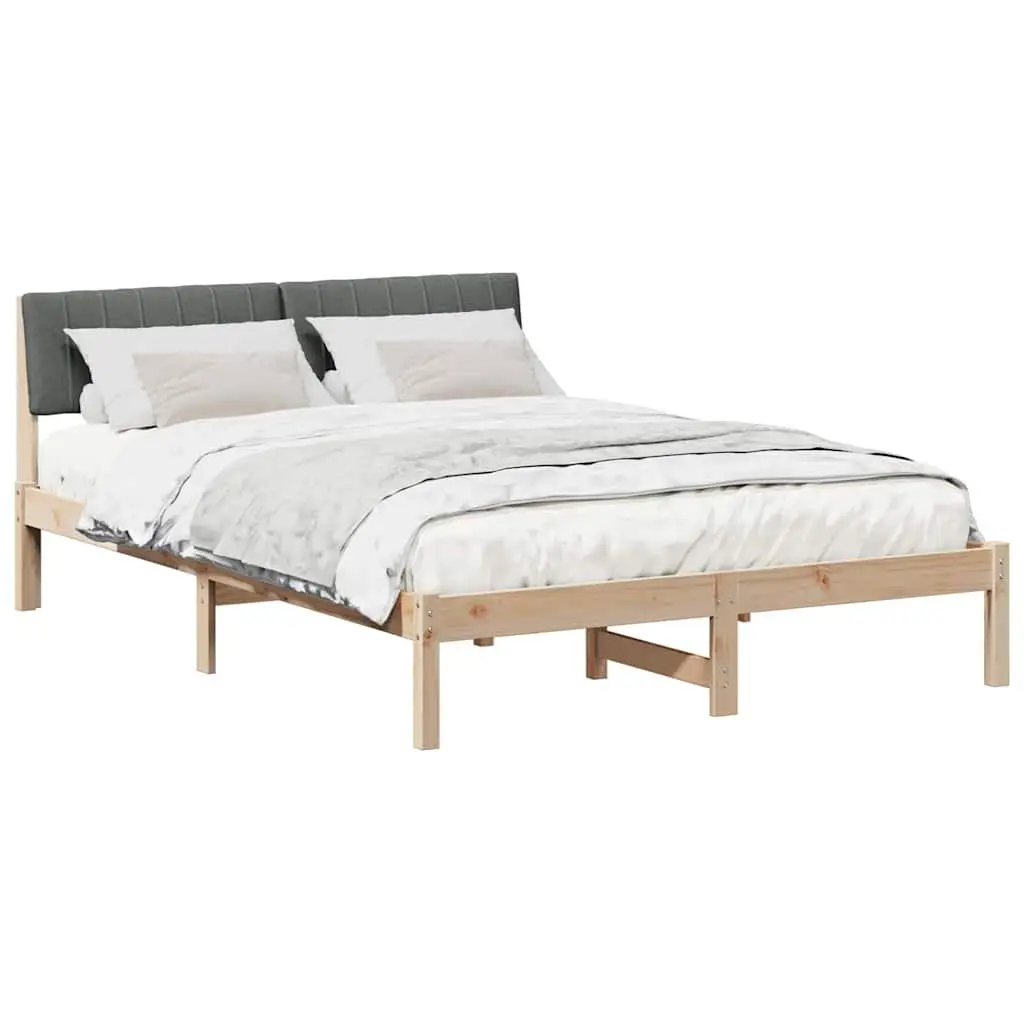 Bed Frame Modern Minimalist 135 x 190 cm Solid Pine Wood Wall-Mounted Headboard Slatted Brown Dark Grey