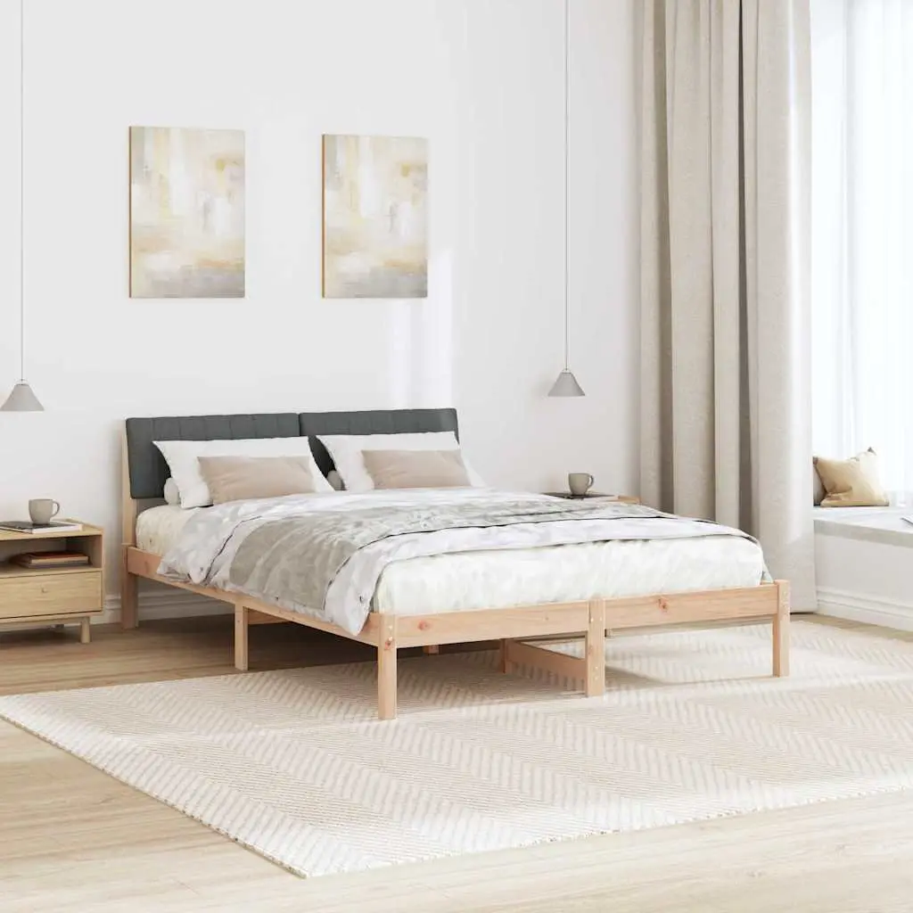 Bed Frame Modern Minimalist 135 x 190 cm Solid Pine Wood Wall-Mounted Headboard Slatted Brown Dark Grey
