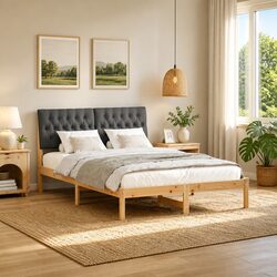 Bed Frame with Upholstered Headboard 135 x 190 cm Brown Platform Slatted Base