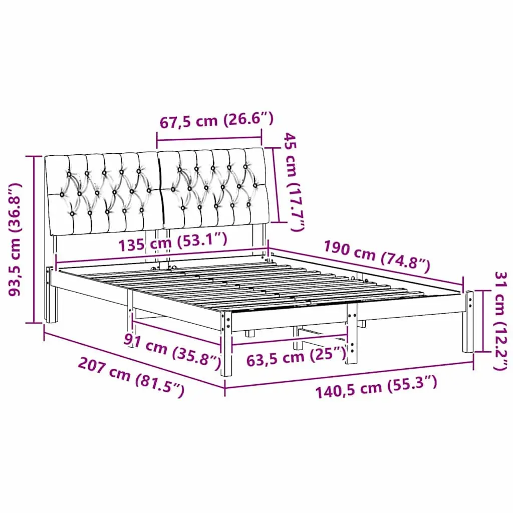 Bed Frame with Upholstered Headboard 135 x 190 cm Brown Platform Slatted Base