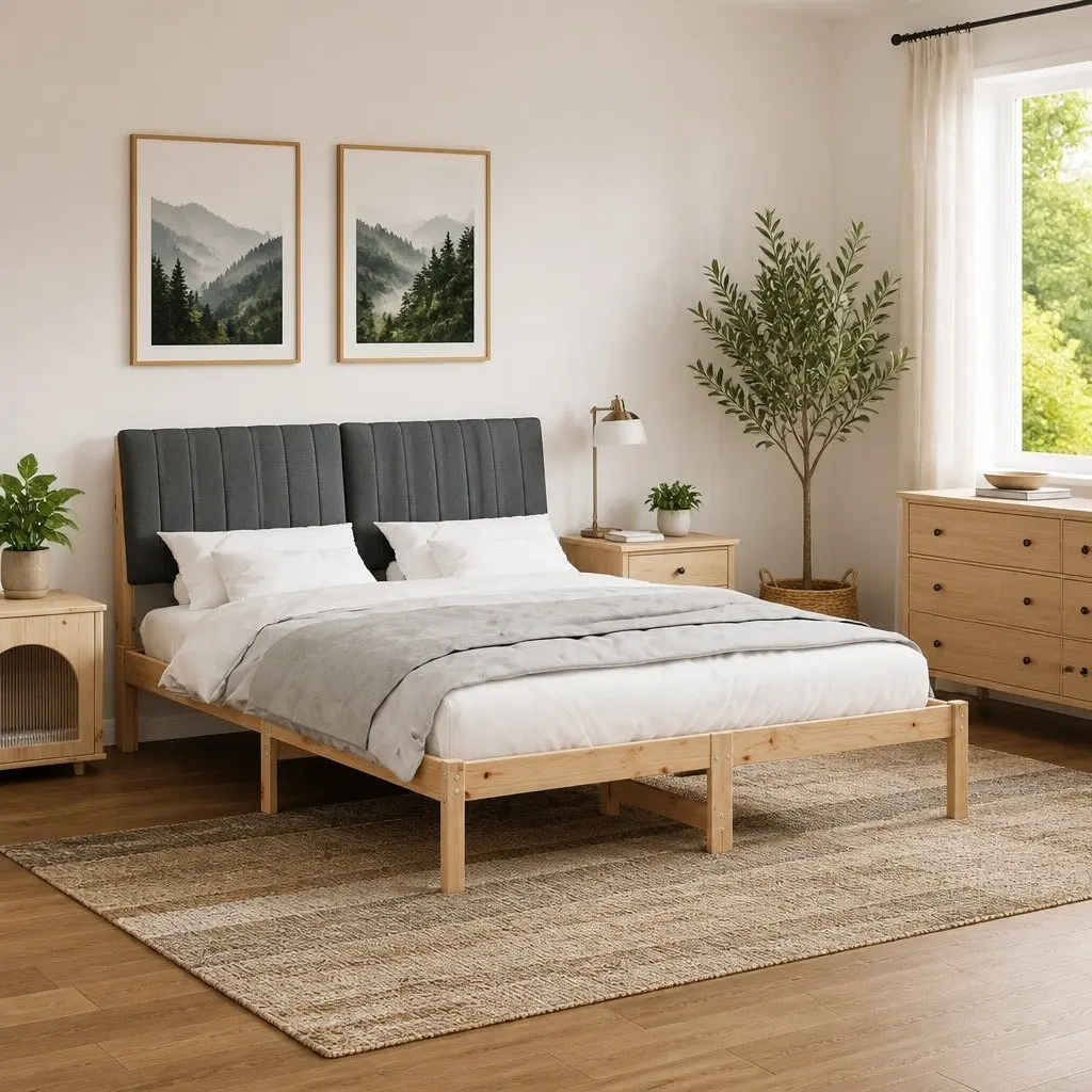 Bed Frame Upholstered Headboard 135 x 190 cm Brown Solid Pine Wood Modern