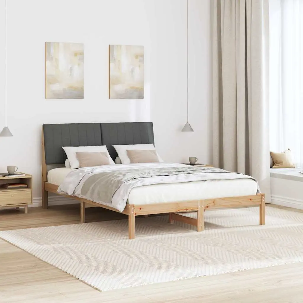 Bed Frame Upholstered Headboard 135 x 190 cm Brown Solid Pine Wood Modern