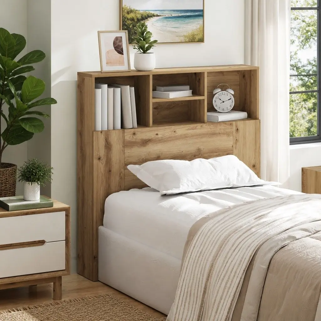Wall-Mounted Headboard Cabinet Bedroom Storage Shelving Modern Brown Engineered Wood