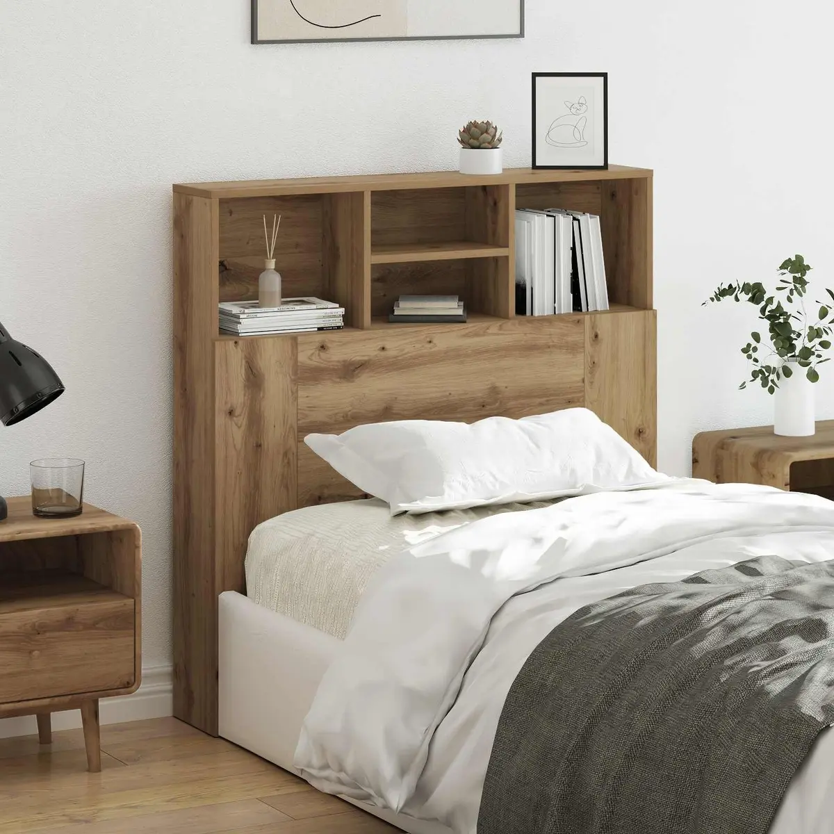 Wall-Mounted Headboard Cabinet Bedroom Storage Shelving Modern Brown Engineered Wood