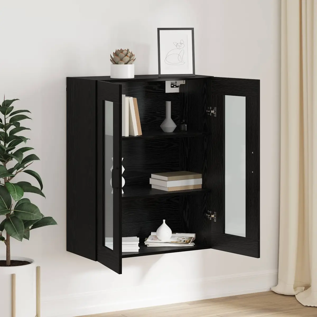 Wall-mounted Storage Cabinet Black Oak Modern Shelving Unit Living Room Office