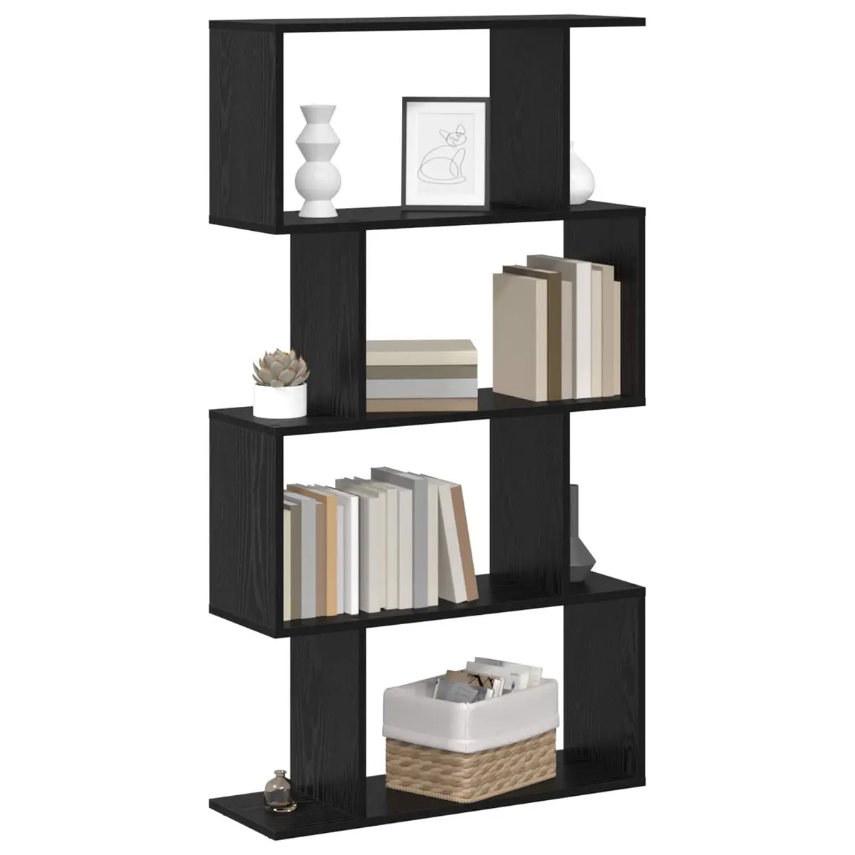 Book Cabinet Black Oak Storage Shelves Modern Engineered Wood Freestanding Unit