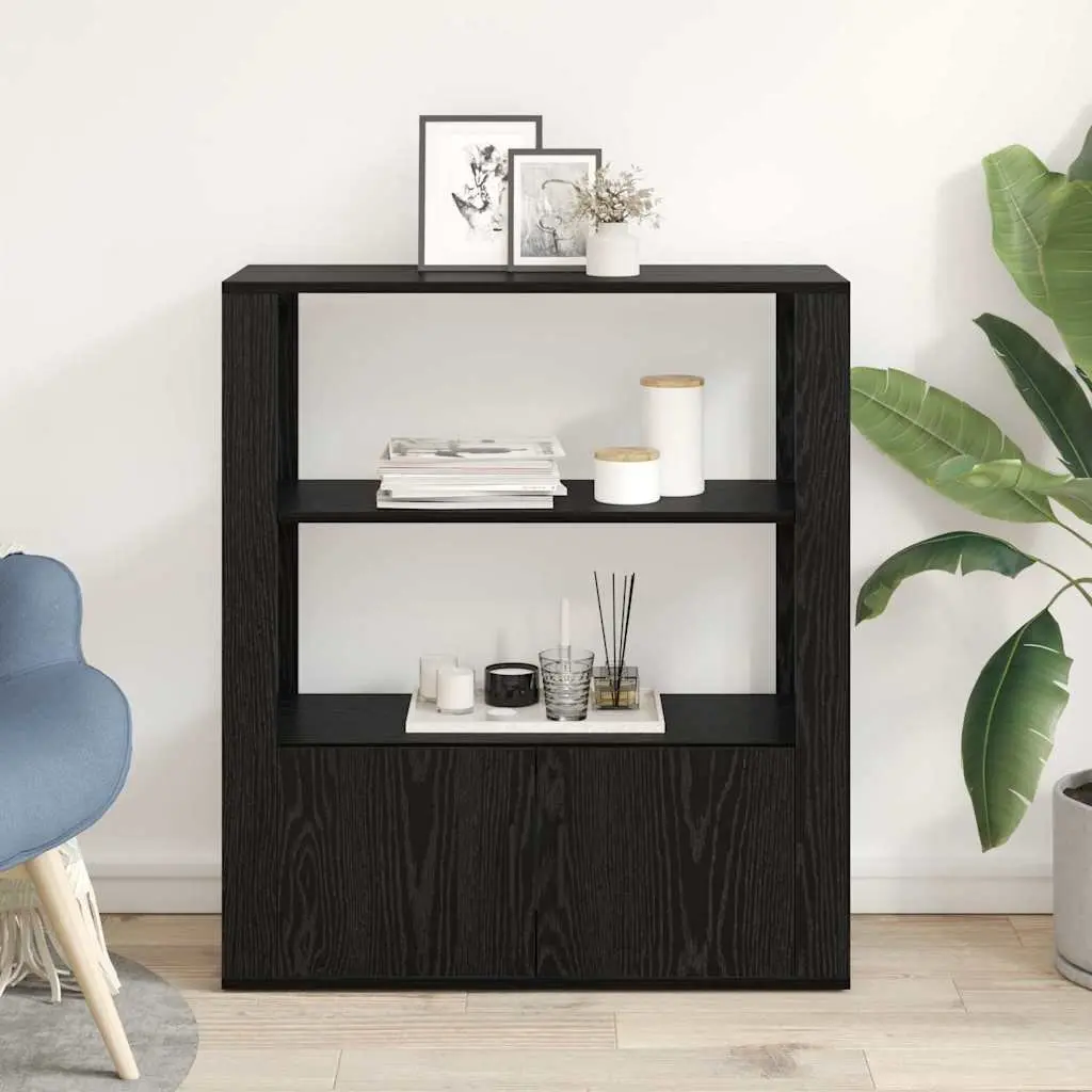 Sideboard Black Oak Storage Shelves Flush Doors Modern Living Room 30 x 80 x 90 cm
