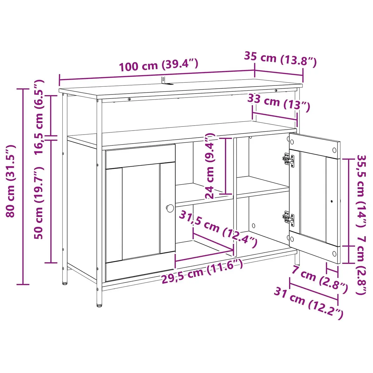 Sideboard Storage Cabinet Modern Engineered Wood Black 100x35x80 cm