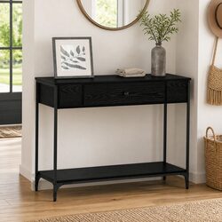 Practical Black Oak Console Table with Storage Solutions