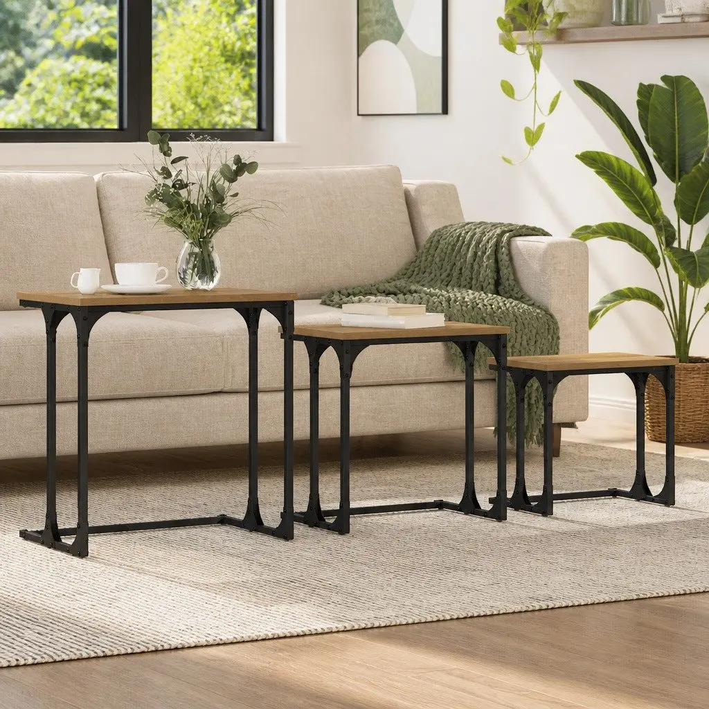 Nesting Coffee Table Set Industrial Style Living Room Accent Tables 3 Piece Brown with Black Frame