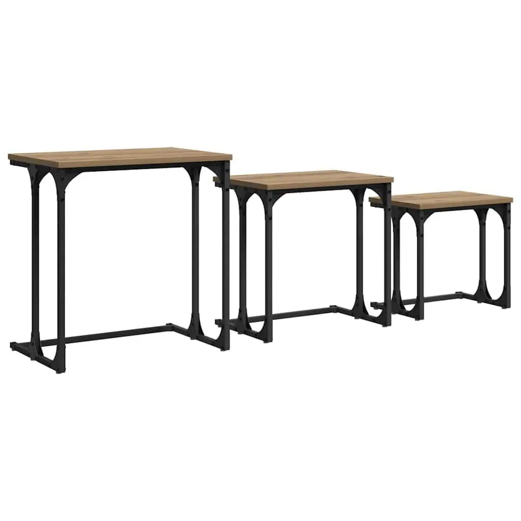 Nesting Coffee Table Set Industrial Style Living Room Accent Tables 3 Piece Brown with Black Frame