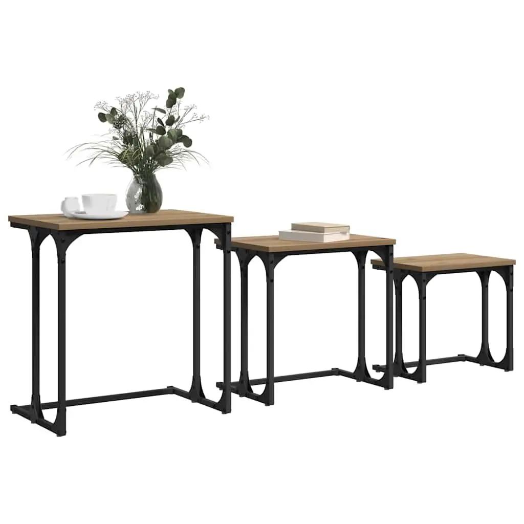 Nesting Coffee Table Set Industrial Style Living Room Accent Tables 3 Piece Brown with Black Frame