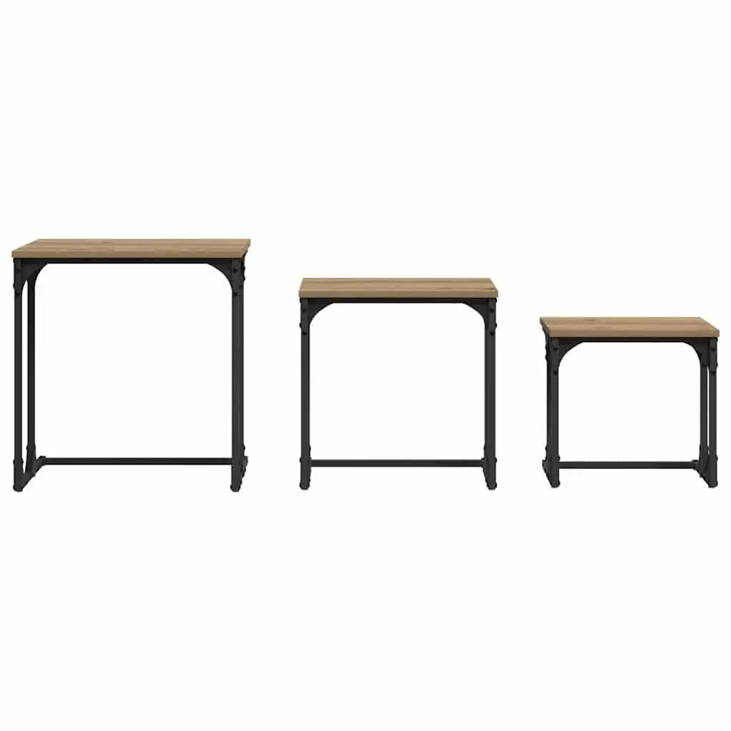Nesting Coffee Table Set Industrial Style Living Room Accent Tables 3 Piece Brown with Black Frame