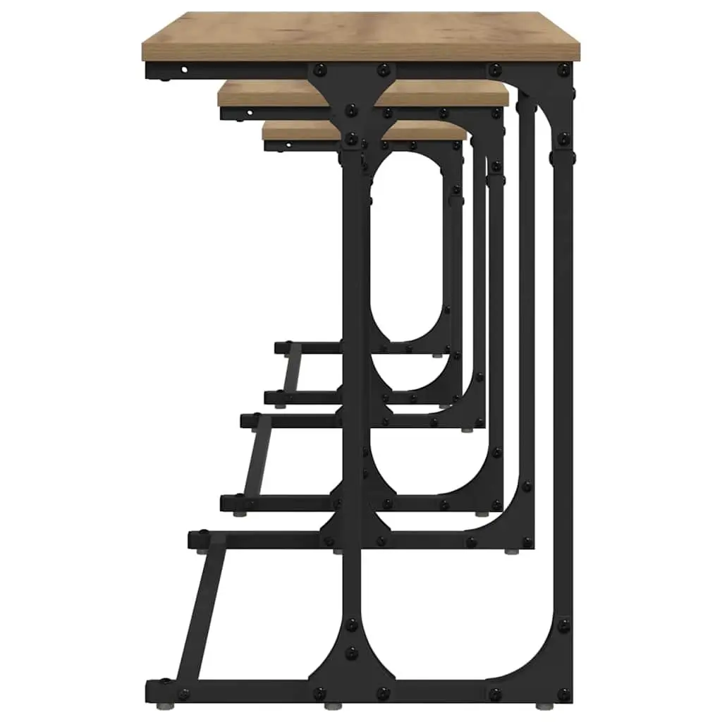Nesting Coffee Table Set Industrial Style Living Room Accent Tables 3 Piece Brown with Black Frame