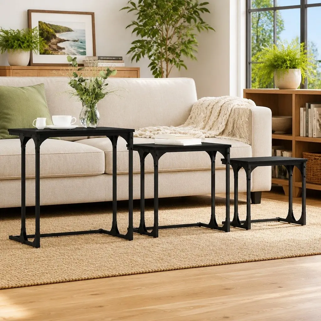 Nesting Coffee Table 3 Pcs Black Industrial Modern Living Room Accent Tables Set