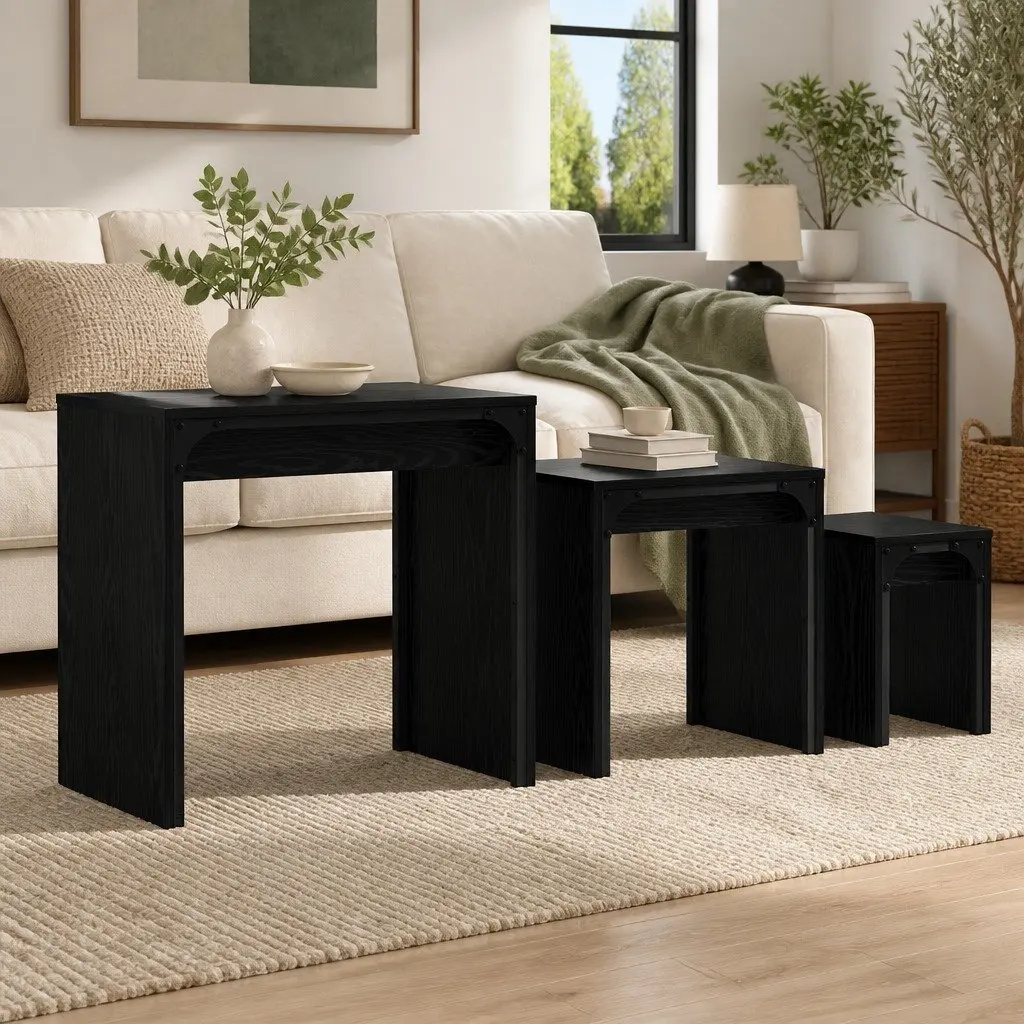 Nesting Coffee Table Set 3 Piece Black Oak Modern Living Room Accent Tables