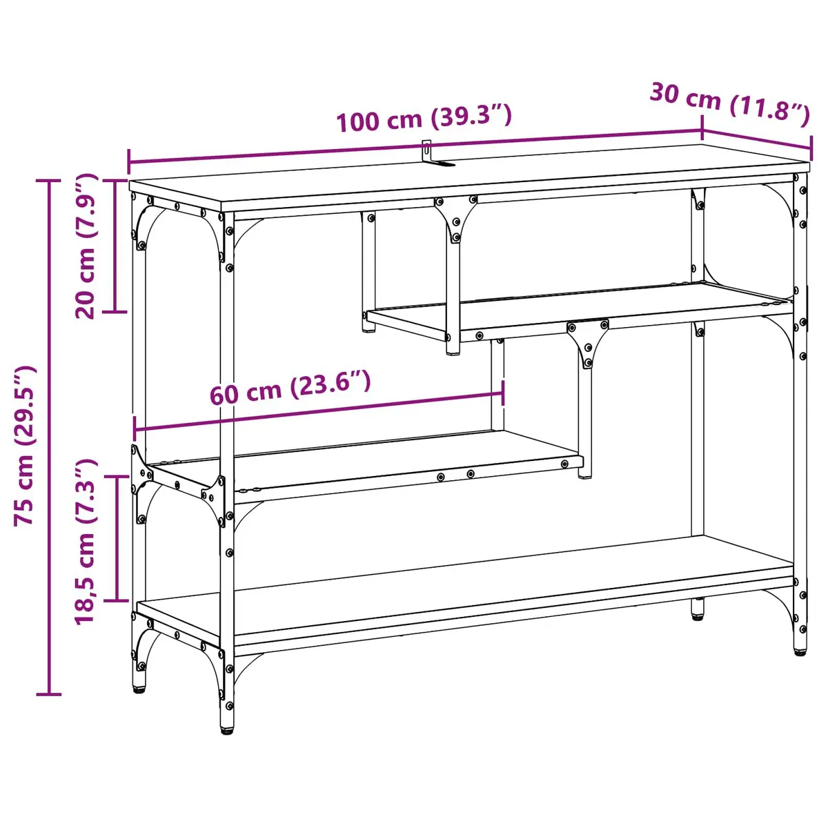 Console Table Industrial Style Narrow Hallway Accent Table Black 100 x 30 x 75 cm